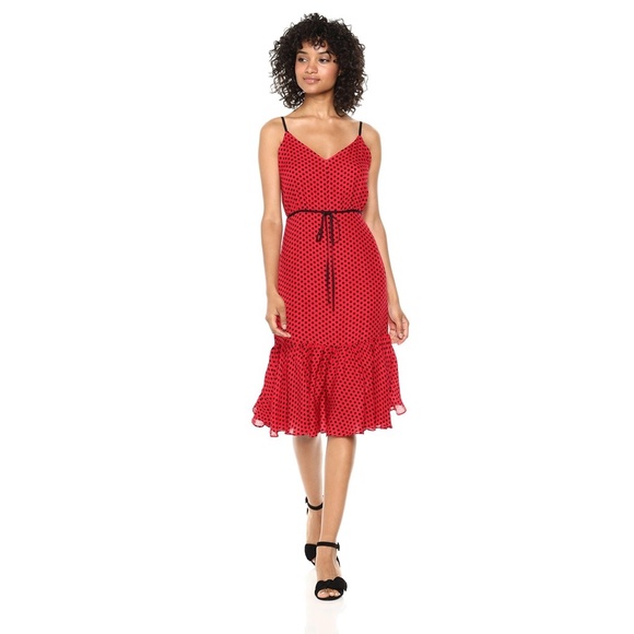 Milly Dresses & Skirts - MILLY Tiffany Silk Polka Dot Dress Scarlet Red & Black Ruffled Hem ~ Size 6